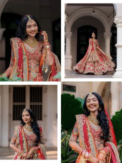 A collection of bridal portraits showcasing the bride's radiant smile and magnificent red lehenga. Each shot captures a different facet of her joy and elegance.