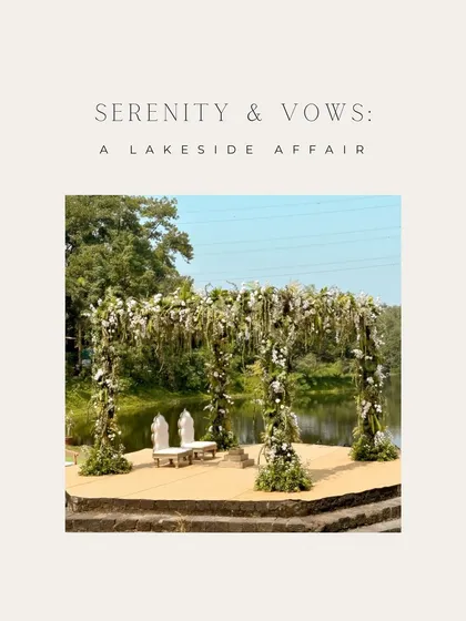 A lakeside mandap framed by lush greenery and white florals. This design is perfect for couples who want a serene, nature-inspired wedding that feels both elegant and organic.