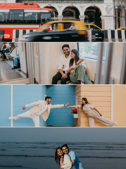 A cinematic story-strip of a Mumbai pre-wedding adventure. It includes motion blur shots of city traffic, candid moments on the metro, playful poses against colorful walls, and a romantic beach scene.