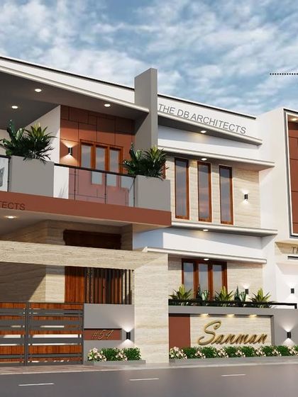 A proposed 3D design for the "Sanman" residence. We designed the facade with angled projections and a mix of materials to give the structure a unique, rejuvenating, and spectacular look.