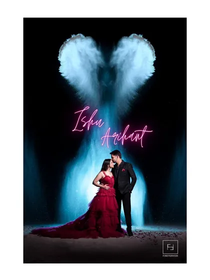 For couples who want something truly dramatic and unique. With Ishu and Arihant, we used creative lighting and smoke effects to craft this angelic, high-fashion portrait. It’s a bold statement piece that shows the artistic possibilities of a pre-wedding shoot.