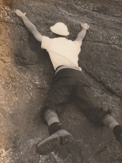 A vintage photo of Dara Mistry, one of Bangalore's pioneering climbers, in his signature hobnailed boots. We honor the history and the people who paved the way for our community.