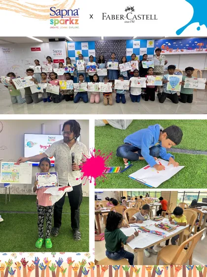 Look at these proud young artists! This is from our Young Artists Contest, where kids get to showcase their amazing talent. We love seeing them hold up their creations, a culmination of their focus, imagination, and hard work during our family art events.