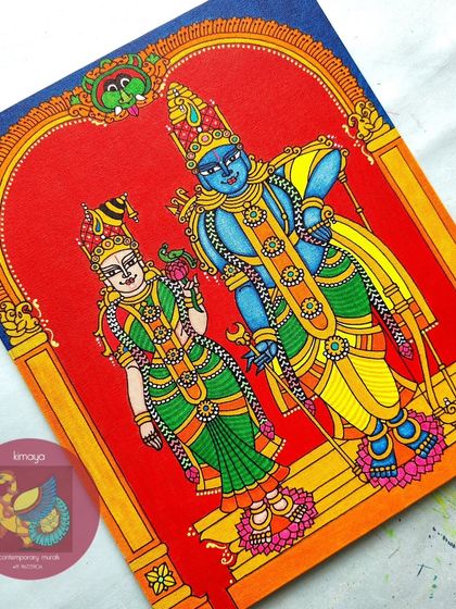 The completed Aandal Rangamannar painting, a 12x14 inch piece commissioned for a 25th wedding anniversary. The vibrant colors and details are all finished, ready for framing.