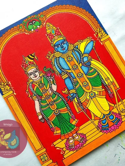 The completed Aandal Rangamannar painting, a 12x14 inch piece commissioned for a 25th wedding anniversary. The vibrant colors and details are all finished, ready for framing.
