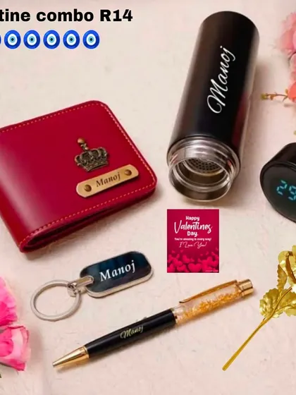 A perfect Valentine's or anniversary combo for him. This set includes a personalized men's wallet, a temperature bottle, a metal keyring, a custom pen, a golden rose, and a card.
