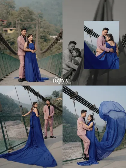 A collection of photos showcasing a couple in stunning blue and pink formal wear, using the bridge's architecture to frame their portraits.