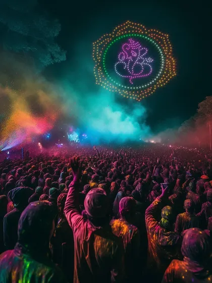 I create culturally resonant displays for India's most important festivals. For Holi, I can fill the sky with vibrant symbols like this Ganesha, adding a modern, high-tech element to traditional celebrations.