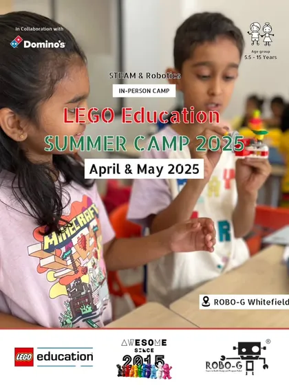 This poster announces our LEGO Education Summer Camp at the ROBO-G Whitefield location for April and May, a great opportunity for kids to dive into STEAM and robotics.