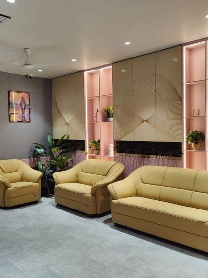 The waiting lounge at Life Care Clinic, designed to make the experience pleasant and comfortable. We used soft, upholstered seating and a feature wall with integrated shelving and subtle lighting to create a space that feels more like a luxury lounge than a clinic.