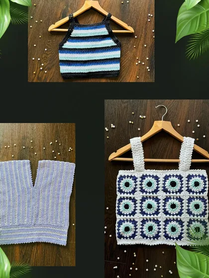 A snapshot of three different top styles I offer. You can see the striped halter neck, the lavender V-neck, and the evil eye granny square top, showing the variety of custom designs available.