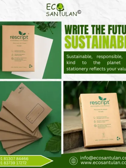 Writing the future starts with the tools we use today. This collection shows my Rescript line of sustainable stationery, including recycled A4 paper and tree-free envelopes. Each item reflects a commitment to protecting our planet.