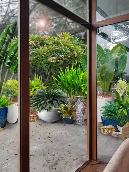 While we love minimalism indoors, for outdoor gardens, we believe maximalism is the way to go. This is our vision of a perfect maximalist garden view from a living room or office.