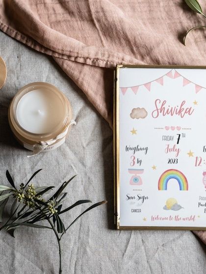 This baby biography frame for Shivika features a soft, feminine design with pink accents and a little rainbow. It’s a sweet and gentle way to commemorate a baby girl’s arrival.