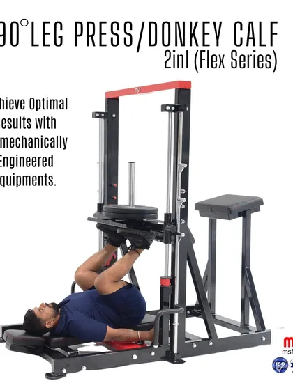 Our 2-in-1 90-Degree Leg Press and Donkey Calf machine from the Flex Series. This biomechanically engineered equipment provides optimal results for building powerful quads, glutes, and calves.