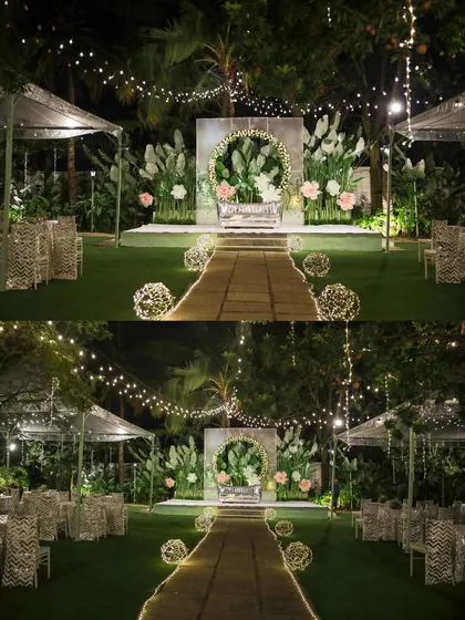 The perfect setting for a pre-wedding cocktail party or sangeet night. The lawn provides ample space for a dance floor, while the surrounding trees, lit with elegant chandeliers and string lights, create a festive and celebratory atmosphere.