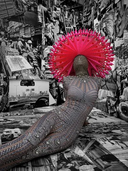 This image is from "The Stars of a Quiet Struggle," a personal series that merges fashion and fine art. It represents my love for finding the iconic in the everyday, setting a high-fashion silhouette against a backdrop of Mumbai's chaotic energy.