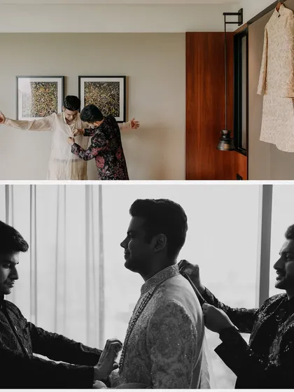 The groom, Basu, getting help from his groomsmen as he gets ready, a moment of friendship and support.