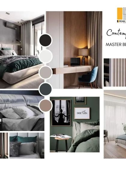 A contemporary master bedroom mood board that combines a deep green accent wall with warm wood paneling and modern furniture for a sophisticated retreat.