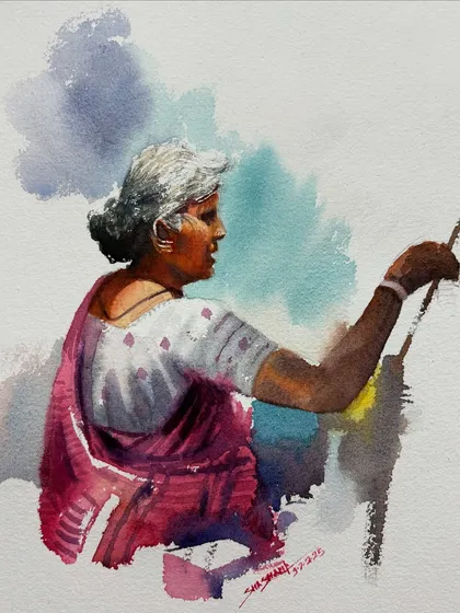 A watercolor figure study of a woman, painted from the side. This piece was a demonstration for my online class, focusing on capturing posture and the flow of the saree.