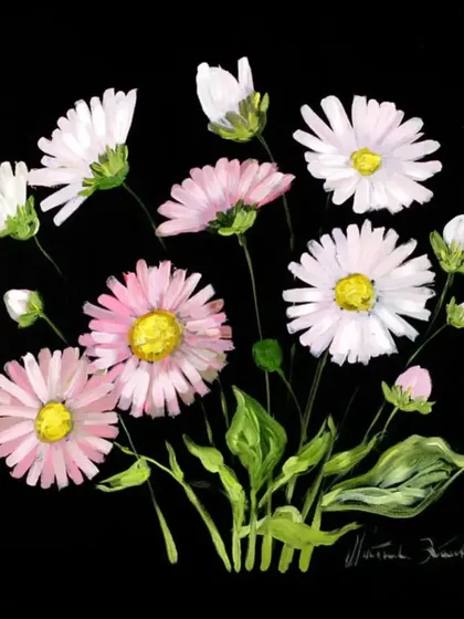 An example of using specific brush techniques to create a bouquet of daisies, a skill we teach in our workshops.