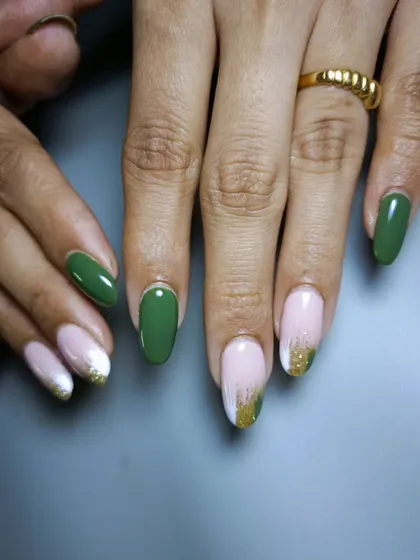 An elegant combination of solid olive green and a nude base with a gold and white brushstroke effect.