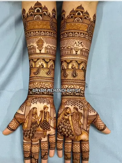 A grand design featuring wedding portraits on the palms and architectural details extending up the arms.