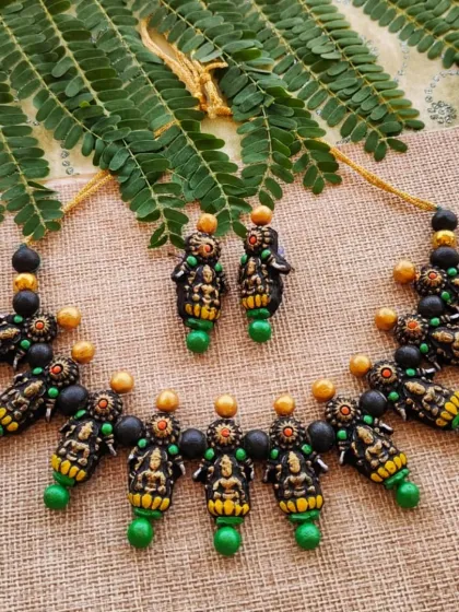 My traditional temple jewelry collection, featuring motifs like Mahalakshmi, is always in demand for festive seasons and cultural events. These sets are popular for bulk gifting during weddings and pujas.