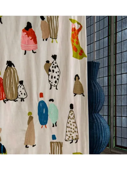 Every design should tell a story. This 'Bedouins' print, featuring scattered silhouettes of desert nomads, is available as both a linen fabric and a laminated linen wallpaper. It’s a perfect example of how I bring evocative, narrative-driven design into a space.