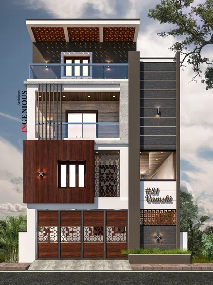 This contemporary duplex house, designed for a 30x40 site in JP Nagar, shows my expertise in creating stylish and functional homes on compact urban plots. The elevation design uses a mix of wood, patterned screens, and vertical louvers to create a dynamic modern facade.