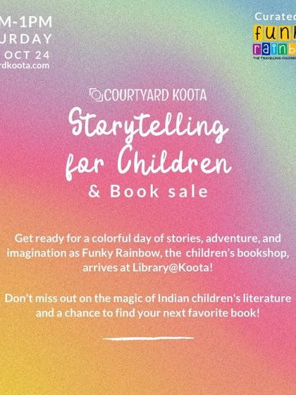 Poster for a storytelling for children and book sale event, curated by Funky Rainbow, a travelling children's bookshop.
