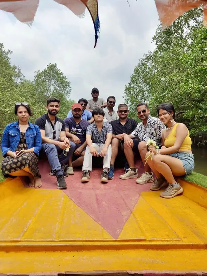 Cruising through the mangroves in Gokarna. Exploring the serene backwaters is a highlight of our coastal trips.