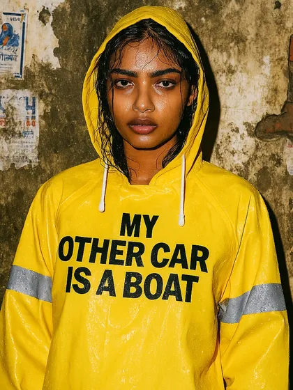 A woman in a yellow raincoat with the text 'MY OTHER CAR IS A BOAT'. A duplicate image from the 'Rainquotes' series, a fan favorite.