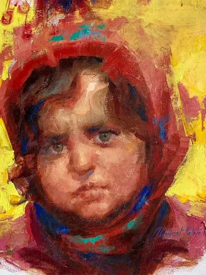 The finished portrait of the Gujjar child, signed and completed. The work combines rapid, expressive strokes with a focused rendering of her features.