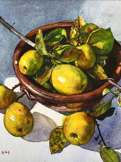 A still life of guavas in a bowl, from my watercolor course. The play of light and shadow on the leaves and fruit was the main focus of this piece.
