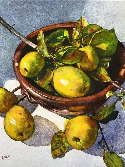 A still life of yellow fruits in an earthen bowl. This painting focuses on capturing the subtle variations in color and the way light falls on rounded forms.