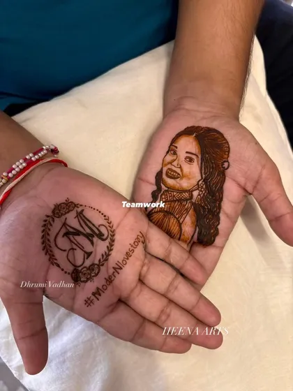 Mehendi is for everyone. I love it when grooms get involved in the celebration. For this groom, we did a portrait of his beautiful bride on one palm and their wedding hashtag and initials on the other.