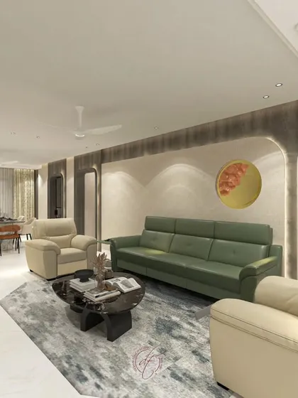 This render highlights the unique curved wall details and the circular wall art, which add a sculptural and artistic element to the modern design.