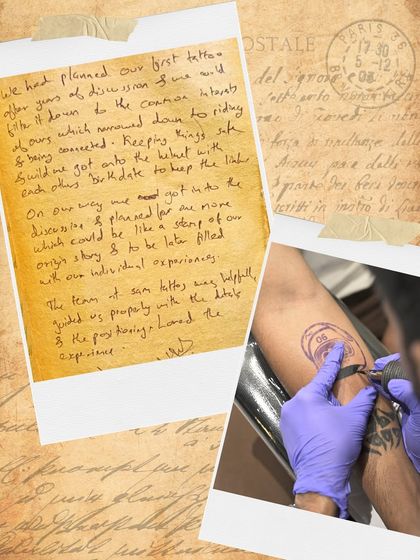 A handwritten note from friends who, after years of discussion, finally got their first tattoos together at our studio.