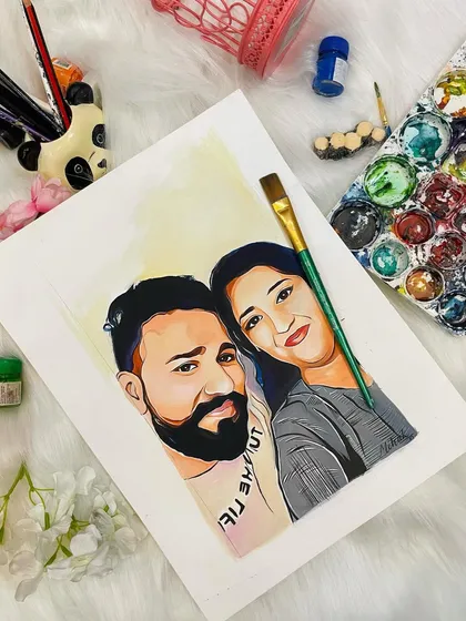 A finished custom couple portrait created with poster colors on art paper. My goal is to capture the unique bond between people in my vibrant, illustrative style, turning a photo into a cherished keepsake.