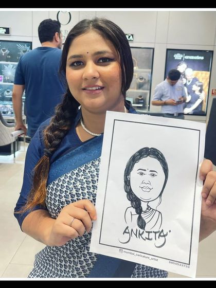A guest at an Orra Jewellery store event. Our caricatures add a touch of personalized luxury and fun to brand activations.