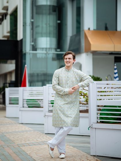 A relaxed portrait of the groom in his Haldi outfit. We make sure to get great solo shots of both the bride and groom during every event.