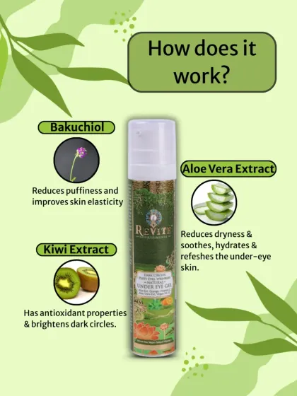 How does it work? My under-eye gel is powered by Bakuchiol to improve elasticity, Kiwi Extract to brighten dark circles, and Aloe Vera to soothe and refresh the delicate under-eye skin.