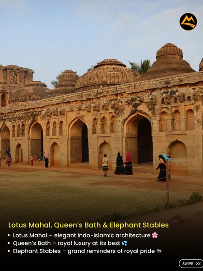 Exploring the elegant Indo-Islamic architecture of the Lotus Mahal, Queen's Bath, and Elephant Stables in Hampi's Royal Enclosure.
