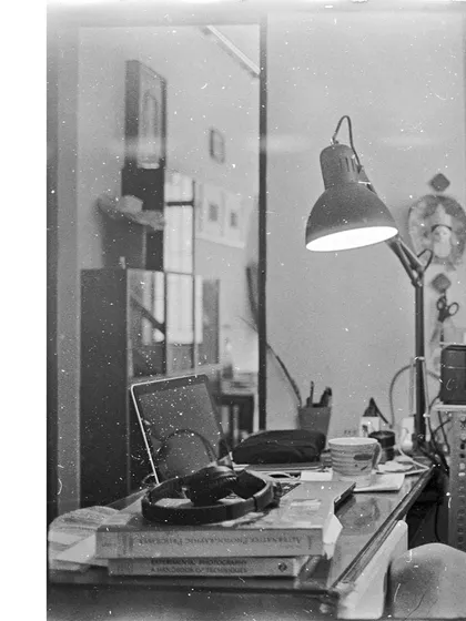 A quiet corner of the studio, captured on black and white film. Even simple scenes take on a timeless quality through the analog process, something we encourage artists to explore here.