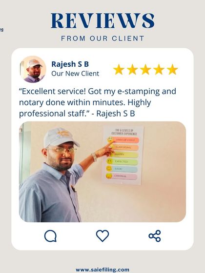 "Excellent service! Got my e-stamping and notary done within minutes. Highly professional staff." We are proud that Rajesh S B experienced our commitment to quick and professional service firsthand.