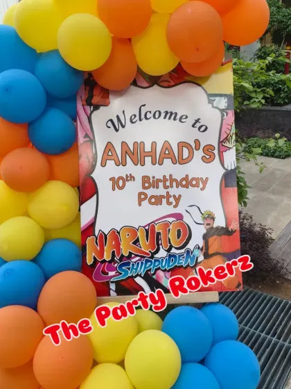A personalized welcome sign for a Naruto-themed 10th birthday party. The bright orange and blue balloons match the anime's color scheme perfectly.