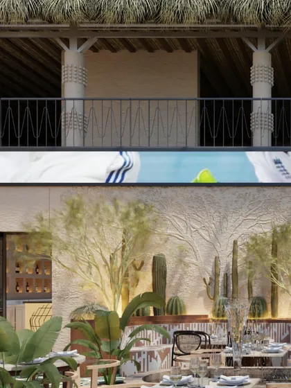 A long shot of the outdoor-inspired seating area, with desert plants like cacti set against a textured wall. The design creates a unique biome within the larger jungle theme, adding variety to the experience.