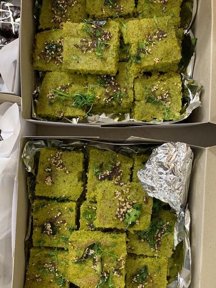 A close-up of the Pani Puri Dhokla and Double Chocolate Brownies I served as part of a dinner for 50 people. A unique twist on a classic snack.