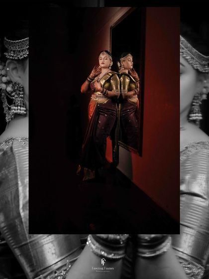 A collage of the bride and her reflection, using a mix of black and white and color to create a moody and artistic feel.